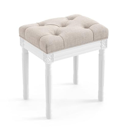 LUE BONA Upholstered Fabric Vanity Bench Seat, Makeup Stools for Vanity, Square Tufted Ottoman Bench with Carved White Legs for Bedroom Living Room, Linen Color - color: Linen and White