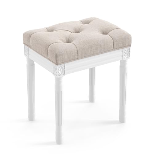 LUE BONA Upholstered Fabric Vanity Bench Seat, Makeup Stools for Vanity, Square Tufted Ottoman Bench with Carved White Legs for Bedroom Living Room, Linen Color - color: Linen and White