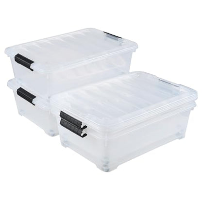 4 Packs 20 Quart Plastic Under Bed Storage Container with Wheels | Stackable and Nestable Organizer Bins, Flat Storage Box with Lids - size: 20 Quart