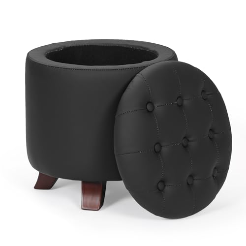 Athena Collection 15 Inch Small Ottoman with Storage, Round PU Leather Storage Ottoman Foot Rest with Removable Lid, Multipurpose Footstool Footrest for Living Room, Bedroom, Dorm, Black - color: Black, size: 15.5"D x 15.5"W x 17"H