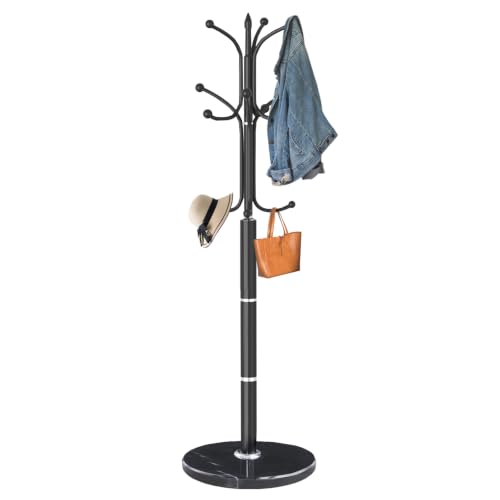 Snaikor Metal Coat Rack Freestanding, Sturdy Coat Rack Stand with Natural Marble Base, Modern Black Coat Racks Tree Hats Hanger Holder Stand for Entryway, Hallway, Office(12 Hooks) - color: Black-12Hooks