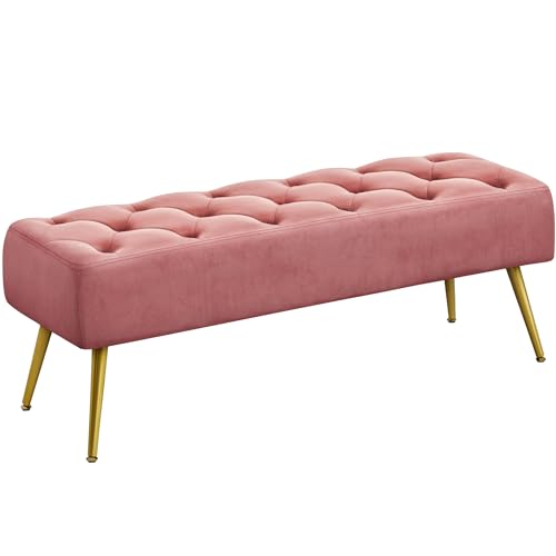 Yaheetech 45in Upholstered Velvet Ottoman Bench Seat with Gold Legs, Pink | Tufted Upholstered Bench Seat, Bed Bench with Tapered Gold Metal Legs, Sized for Window Seat Entryway Living Room - color: Pink
