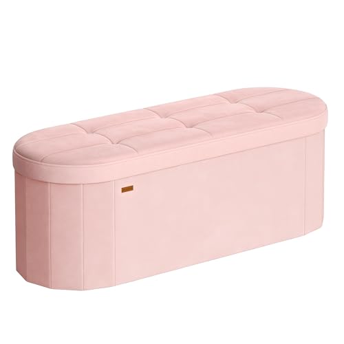 SONGMICS Mazie Collection - Folding Ottoman with Storage, Oval Storage Ottoman Bench, for Living Room, Bedroom, Velvet Fabric, 15 x 43 x 15 Inches, Jelly Pink ULSF297SA01 - color: Jelly Pink, size: 15"D x 43"W x 15"H, style: Oval