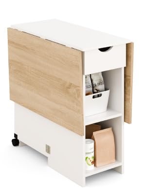 Mondeer Folding Dining Table with Drawer and Shelves, Oak & White | Drop Leaf Kitchen Table with 1 Drawer and 2 Storage Shelves in Modern Style for Small Spaces and Seats 4-6 People. - color: Oak & White