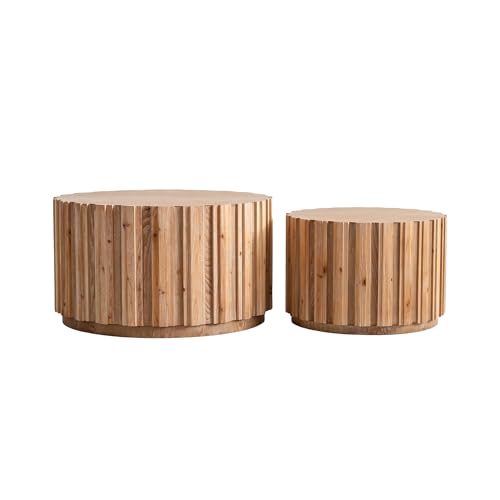 WILLIAMPSACE Round Nesting Coffee Table Set of 2, Rustic Farmhouse Wooden Drum Center Tables with Vertical Slatted Body, Tea Table for Living Room Apartment, No Assembly (19.7"+27.5", Natural) - color: 19.7"+27.5", Natural
