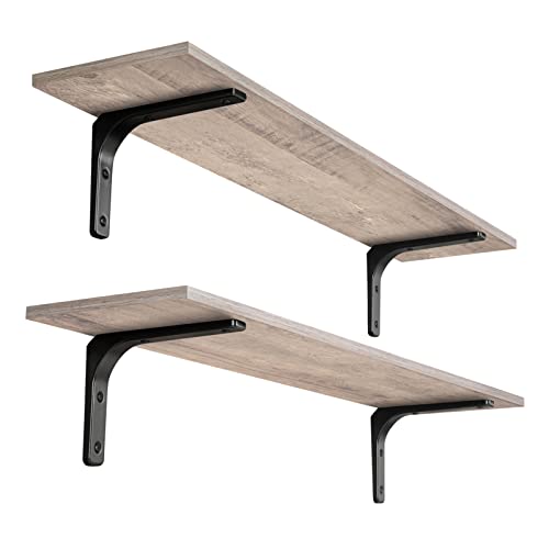 Long Wall Shelves, 39.4Inch Wooden Wall Mounted Shelves, Set of 2 | Large Floating Book Shelf, Metal Bracket, Easy Assembly, Max Load 33lbs, Wall Storage Ledges, Bedroom/Bathroom/Kitchen Greige - color: Greige, size: 39.4 Inch