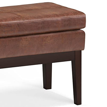 SIMPLIHOME Carlson 27" Wide Woven Fabric Rectangle Ottoman in Saddle Brown | Distressed saddle brown, mid-century modern ottoman with a padded seat for bedroom or living room; footstool or bench. - color: Distressed Saddle Brown, style: Small Ottoman Benc