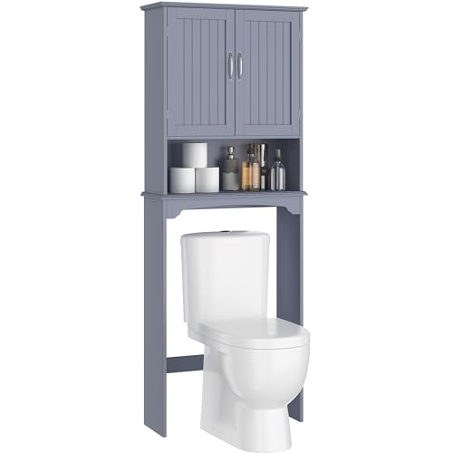 Yaheetech Over the Toilet Storage Cabinet, Bathroom Organizer, Gray | Adjustable Shelf Frees Up Floor Space, Open Compartment, Beadboard Doors, Holds Towels, Anti-Tip Kit Included - color: Grey