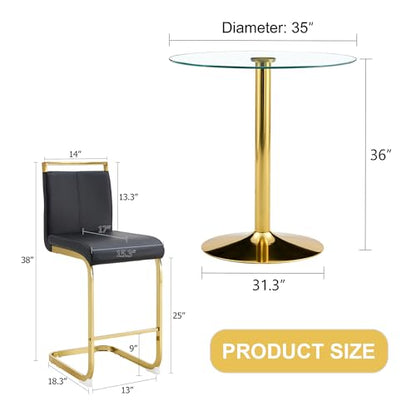 3-Piece Round Bar Table Set,Counter Height Dining Table Set,35" Tempered Glass Pub Table and Black Chairs,Round Gold bar Table Set for 2 for Small Spaces,Bistro,Kitchen,Cafe(36" H - color: Gold&black