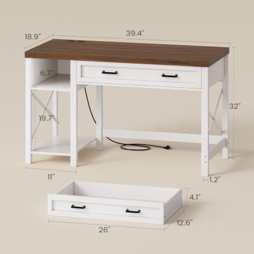 SEDETA Farmhouse Small Desk with Drawers, 40" Computer Desk with Storage Shelves, White Writing Desk for Small Space and Power Outlet, Desk for Bedroom, Home Office - color: White