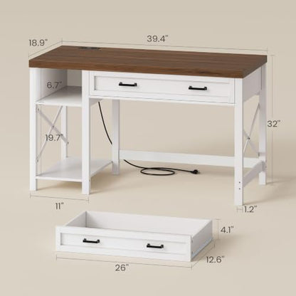 SEDETA Farmhouse Small Desk with Drawers, 40" Computer Desk with Storage Shelves, White Writing Desk for Small Space and Power Outlet, Desk for Bedroom, Home Office - color: White