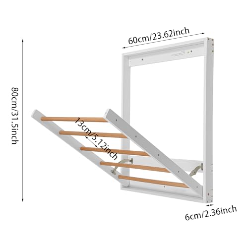 Wall Mounted Clothes Drying Rack, Folding Laundry Drying Rack with 5 Wooden Rods, 11LBS Capacity Retractable Clothes Airer for Bathroom Laundry Room Balcony