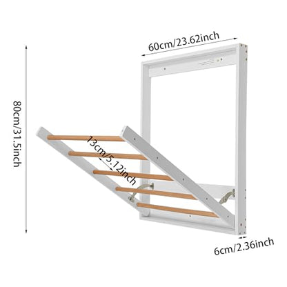 Wall Mounted Clothes Drying Rack, Folding Laundry Drying Rack with 5 Wooden Rods, 11LBS Capacity Retractable Clothes Airer for Bathroom Laundry Room Balcony