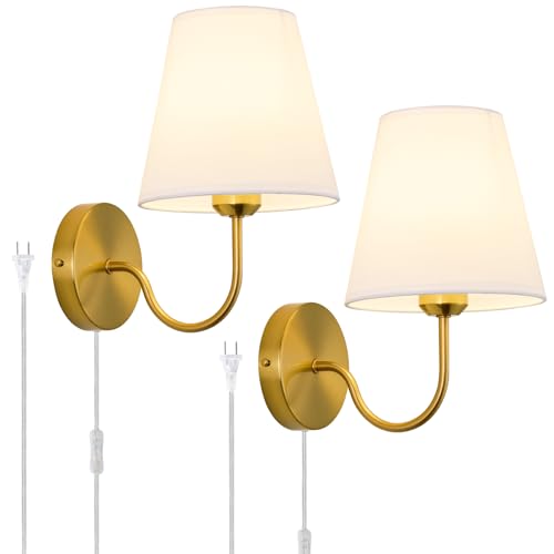 Modern Gold Plug in Wall Sconces Lighting Fixture, E26 Industrial Vintage Wall Light Set of 2 Pack Wall Lamp Bathroom Decor for Bedroom Living Room, Brass Finish - color: Gold Plug In