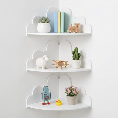 Cloud Floating Corner Shelves - Set of 3 Cloud Corner Wall Shelves for Kid’s Room White Floating Shelf Nursery Wall Deor Small Cute Clouds Dispaly Shelf for Toys Plants & Storage