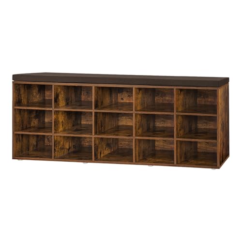 Shoe Storage Bench with Cushion, 15-Cubby Shoe Rack with Seat | 50.8"L Entryway Shoe Organizer Bench, Adjustable Shelves for Boots, Removable Washable Cushion, Closet/Hallway, Rustic Brown - color: Rustic Brown, size: 15 Cubby