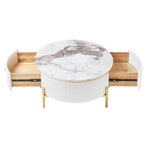 Modern Round Coffee Table with 2 Large Drawers Storage Accent Table(31.5'') - color: Off White