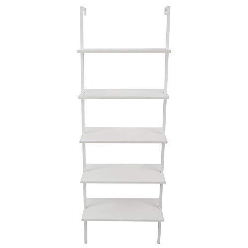 5-Shelf Modern Bookcase, Open Wall Mount Ladder Bookshelf with Industrial Metal Frame for Living Room Bedroom Home Office (White) - color: White