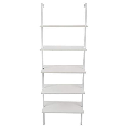 5-Shelf Modern Bookcase, Open Wall Mount Ladder Bookshelf with Industrial Metal Frame for Living Room Bedroom Home Office (White) - color: White