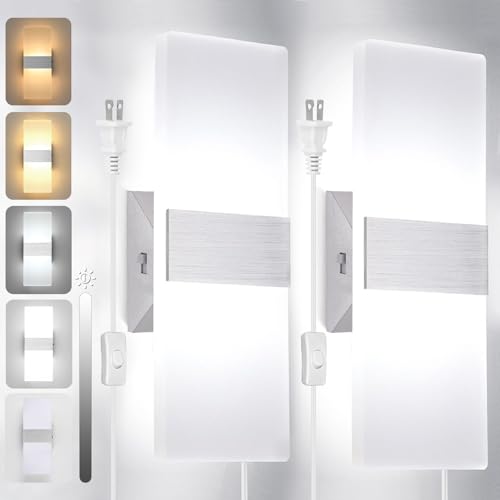 TRLIFE Wall Sconces Plug in, Adjustable 4 Color Temperature Modern LED Wall Sconce, 12W Acrylic Wall Mounted Light Set of 2 Wall Lights with 6FT Plug in Cord for Bedroom Bedside(2 Pack, Silver) - color: Silver-4 Color Temperature, size: 2 Pack