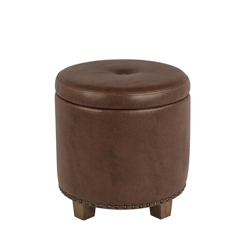 HomePop 18.5" Round Storage Ottoman with Nailheads - Brown Faux Leather - color: Brown Faux Leather