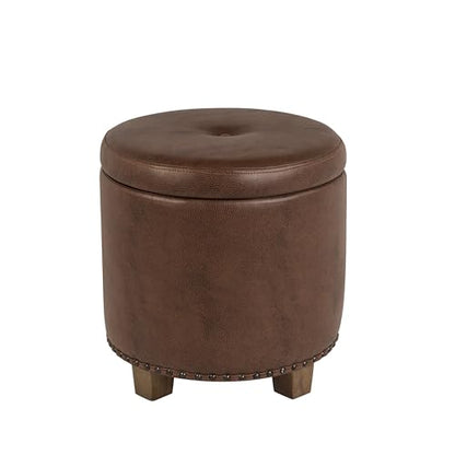 HomePop 18.5" Round Storage Ottoman with Nailheads - Brown Faux Leather - color: Brown Faux Leather