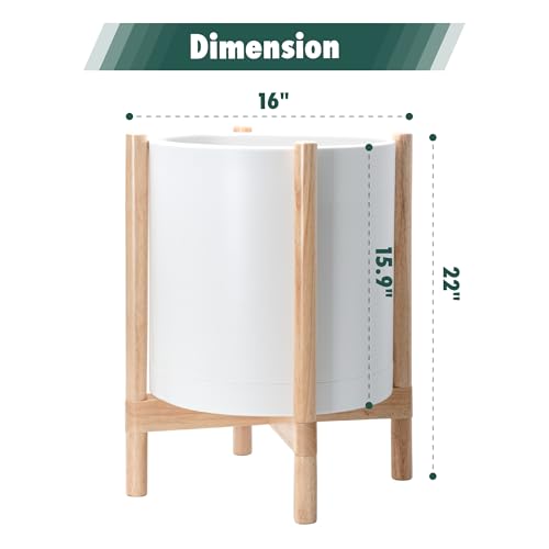 D'vine Dev Plastic Pot with Natural Wood Stand, White, 16 in, 55-C-Y-1 | Mid-Century Inspired Design, Elevated Plant Display, Clean Lines, Sturdy Support, Modern Space-Saving Style - color: Matte White Pot + Natural Stand, size: 16 Inch