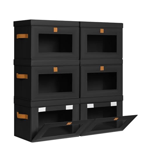 DIMJ Storage Bins with Lids - 6 Pack Front Opening Stackable Fabric Storage Boxes with Clear Window & Handles, Collapsible Closet Organizers for Clothes, Sweaters, Shelf Storage, Bedroom, Black - color: Black, size: Large-6 Pack