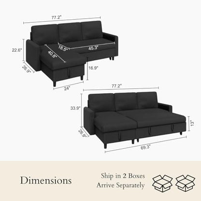 77" Pull Out Sleeper Sofa Bed with Storage Chaise, L-Shaped Corduroy Sectional Couch, 3-Seater Convertible Sofa Bed for Small Space, Apartment & Guest Room, Pet-Friendly & Easy Assembly, Black
