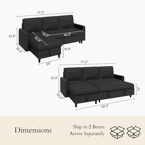 77" Pull Out Sleeper Sofa Bed with Storage Chaise, L-Shaped Corduroy Sectional Couch, 3-Seater Convertible Sofa Bed for Small Space, Apartment & Guest Room, Pet-Friendly & Easy Assembly, Black
