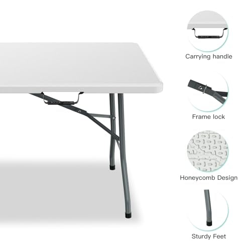 6 ft Portable Folding Table, UV-Protected Waterproof Top, 330 lb Capacity | HDPE top, powder-coated steel frame, built-in handle, compact fold-in-half design, indoor and outdoor use - size: 6ft Folding Table