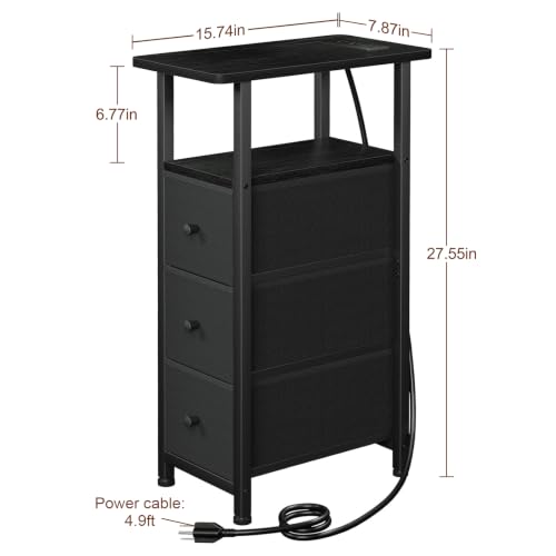 Narrow End Table with Charging Station, Small Nightstand | Skinny Side Tables Living Room with 3 Fabric Drawers, Slim Bedside Table for Bedroom, Small Spaces, Couch, Black - color: Black, size: 27.55''H (3 Drawers), style: Power