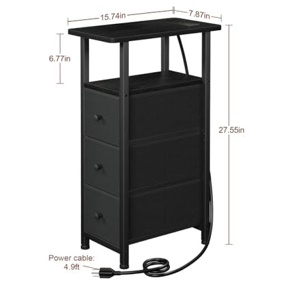 Narrow End Table with Charging Station, Small Nightstand | Skinny Side Tables Living Room with 3 Fabric Drawers, Slim Bedside Table for Bedroom, Small Spaces, Couch, Black - color: Black, size: 27.55''H (3 Drawers), style: Power