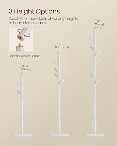 VASAGLE Solid Wood Coat Rack, Free Standing Hall Coat Tree with 8 Hooks, 3 Height Options, for Coats, Hats, Bags, Purses, for Entryway, Hallway, Rubberwood Hooks and Pole, Cloud White URCR010W02 - color: Cloud White, style: Square Base + Cylindrical Hooks