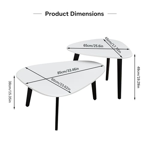 Nesting Coffee Table Set of 2-Mid Century Moder Coffee Table | Guitar Pick Stacking Tables with Solid Wood Legs,Small Coffee Tables for Small spaces,Living Room,Balcony - color: White