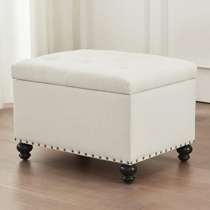 Zihanhome Small Storage Ottoman, Tufted Ottoman Foot Rest, Foot Stools, 24" Upholstered Rectangle Bench with Solid Wood Legs for Living Room, Bedroom, Dorms and Apartments (White) - color: White