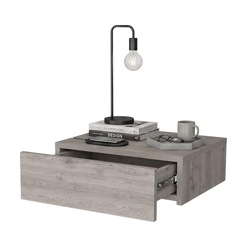 FM FURNITURE Vienna Floating Nightstand with 1 Drawer & Open Shelf, Modern Wall Mounted Bedside Table for Bedroom Storage, Minimalist Design, Light Grey - Bathroom, Brackets, Display, Ecco, Hidden - color: Light Gray