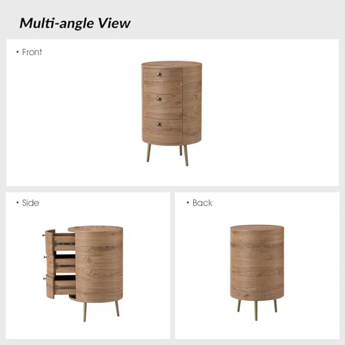 HULALA HOME Round End Table with 3 Storage Drawers, Mid Century Modern Sofa Side Table with Metal Legs, Farmhouse Wood Small Side Table for Living Room, Bedroom and Small Spaces, Oak - color: Oak