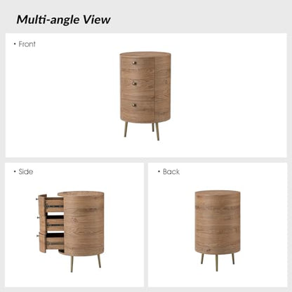 HULALA HOME Round End Table with 3 Storage Drawers, Mid Century Modern Sofa Side Table with Metal Legs, Farmhouse Wood Small Side Table for Living Room, Bedroom and Small Spaces, Oak - color: Oak