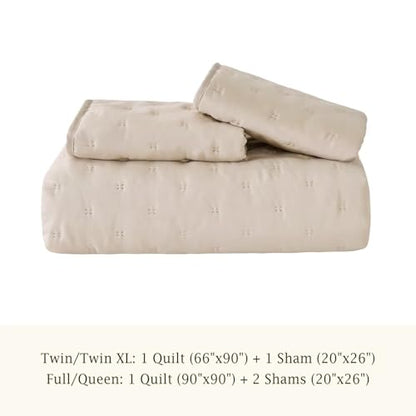 EMME Quilts Queen Size Bedding Sets, Beige Bedspread Soft Lightweight Pre-Washed Quilt, 3 Piece Cozy Reversible Microfiber Ultrasonic Coverlet with Pillow Sham (Leaf Pattern,90"x90") - color: 05-beige (Leaf), size: Full/Queen(90" x 90")