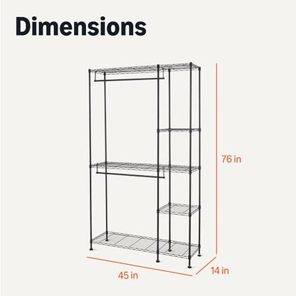 Amazon Basics Metal Hanging Storage Organizer Rack Wardrobe with Shelves, 45"L x 14"W x 76"H, Black - size: 45W x 14D x 76H inch