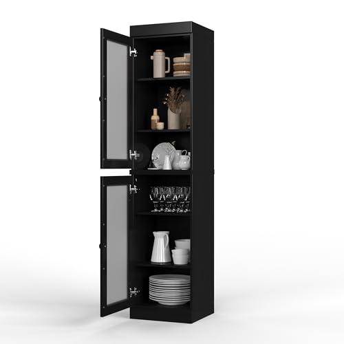 Solid Wood Kitchen Pantry Cabinet w/Frosted Glass Doors - Narrow Storage Cabinet - 16.5" Wide x 71.5" Tall - Black, Adjustable Shelves, 100% Eco-Friendly Wood, Modular Cabinets - color: Black, style: Frosted Glass Doors