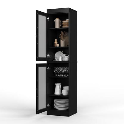 Solid Wood Kitchen Pantry Cabinet w/Frosted Glass Doors - Narrow Storage Cabinet - 16.5" Wide x 71.5" Tall - Black, Adjustable Shelves, 100% Eco-Friendly Wood, Modular Cabinets - color: Black, style: Frosted Glass Doors