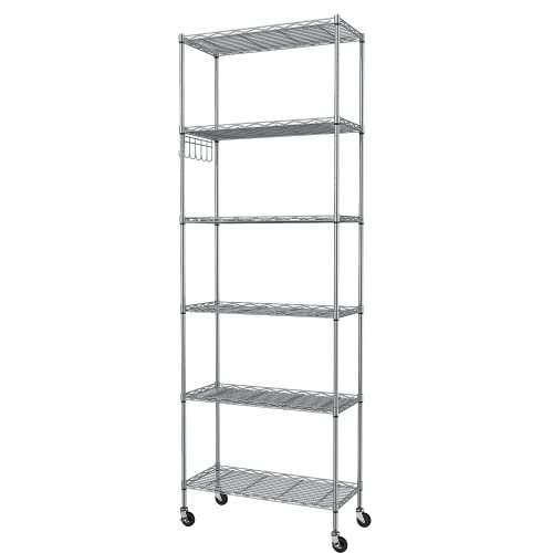 Homdox 6-Tier Storage Shelf Wire Shelving Unit Free Standing Rack Organization with Caster Wheels, Stainless Side Hooks, Silver Gray | Rack Organization - color: Silver, size: 21.26*11.42*72.05 inch
