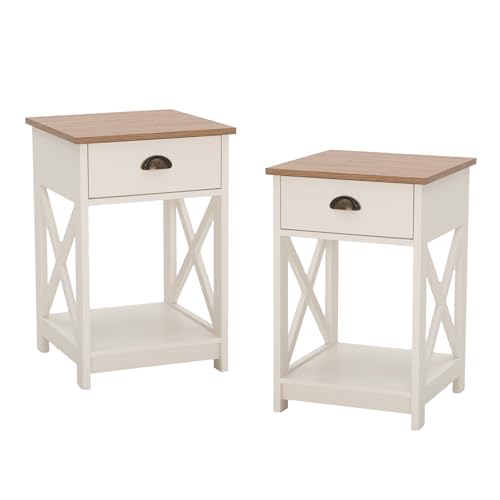 PHI VILLA End Table Living Room Set of 2, White Bedside Table with Drawers | Wood Side Table with Drawer, Farmhouse Bed Side Tables Living Room, Rustic Nightstand for Bedroom, Small Couch Table - color: Ivory 1