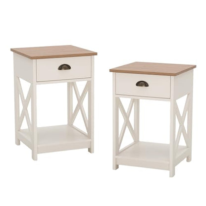 PHI VILLA End Table Living Room Set of 2, White Bedside Table with Drawers | Wood Side Table with Drawer, Farmhouse Bed Side Tables Living Room, Rustic Nightstand for Bedroom, Small Couch Table - color: Ivory 1