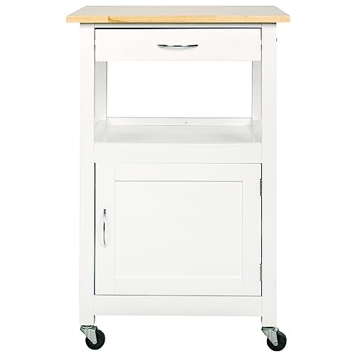 Kitchen Island Cart on Wheels, White Base | Drawer, Storage Cabinet, Shelf, Natural Solid Hardwood Top - color: White