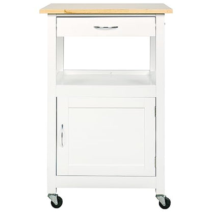 Kitchen Island Cart on Wheels, White Base | Drawer, Storage Cabinet, Shelf, Natural Solid Hardwood Top - color: White