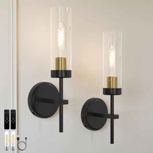 Black Gold Battery Operated Wall Sconce Set of 2, Wireless Wall Sconces with Remote, Rechargeable 3000K Dimmable Wall Light for Bedroom Living Room Bathroom Hallway Entryway Stairwell - color: Black Gold, size: 2 Pack