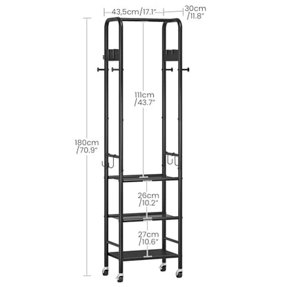 Coat Rack, Freestanding Coat Rack with 3 Shelves, Rolling Garment Rack with Wheels and Hooks, Coat Hanger Stand, Clothes Rack, Hanging Rod, for Entryway, Bedroom, Living Room, Black TYM17BB